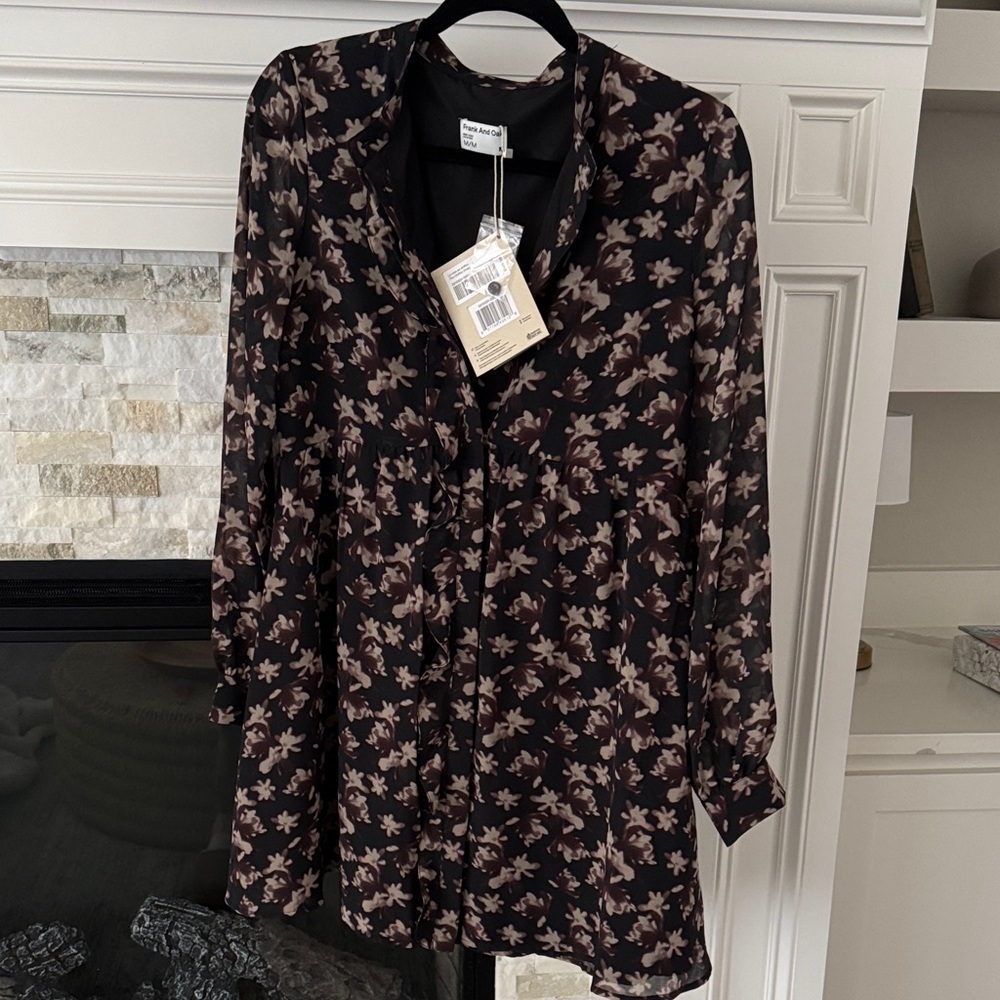 Frank & Oak Black Cream Floral Button Down Mini Dress NWT Medium Boho